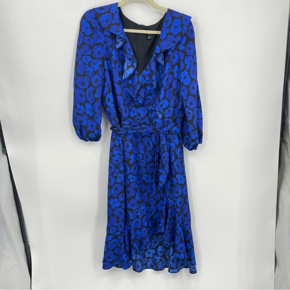 Jason Wu Shift Dress Ruffle V-Neck Black Blue Floral Lightweight Tie Waist XL - Picture 1 of 8